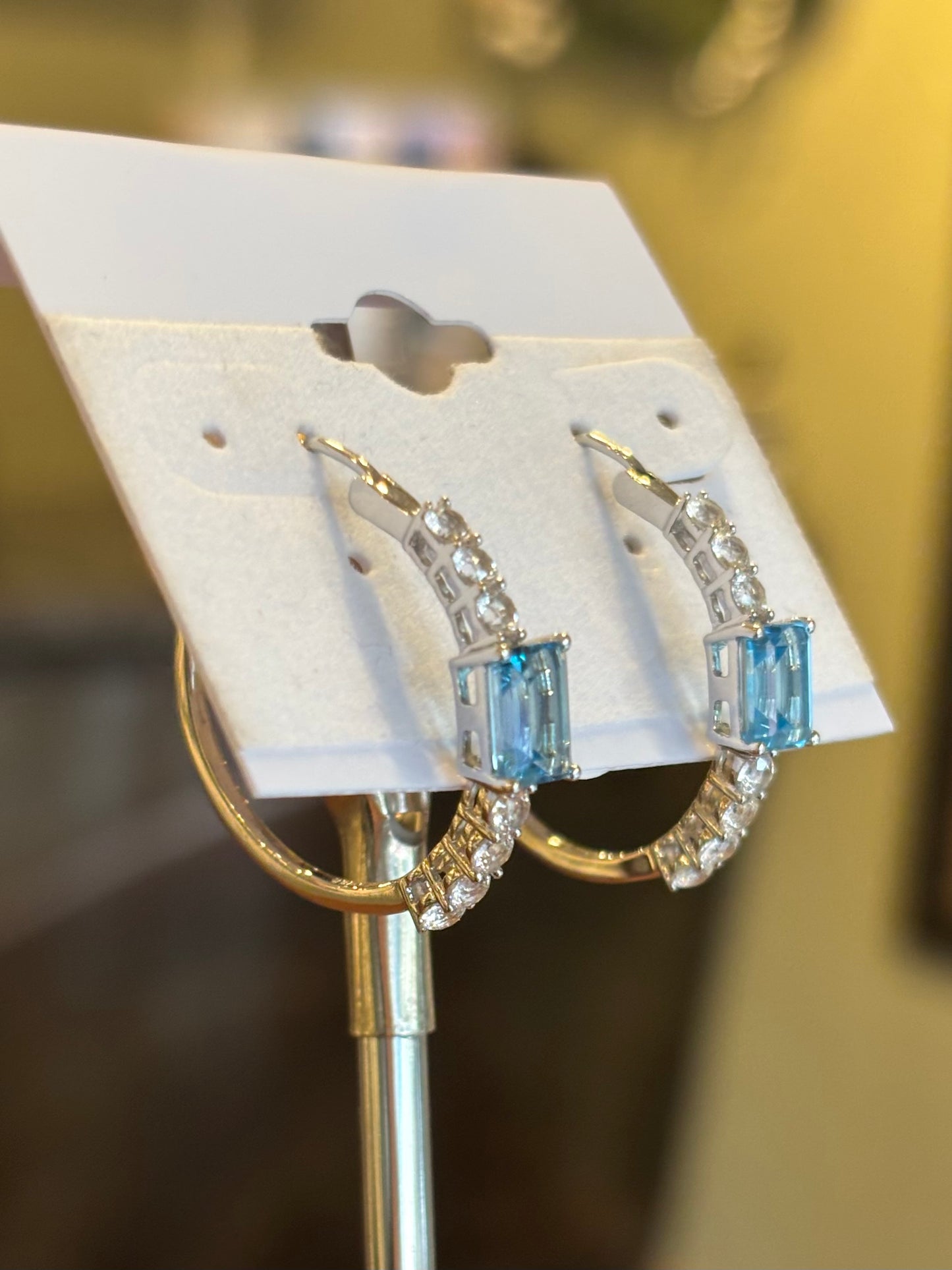 Sterling silver rectangle blue topaz hoop earrings with leverbacks