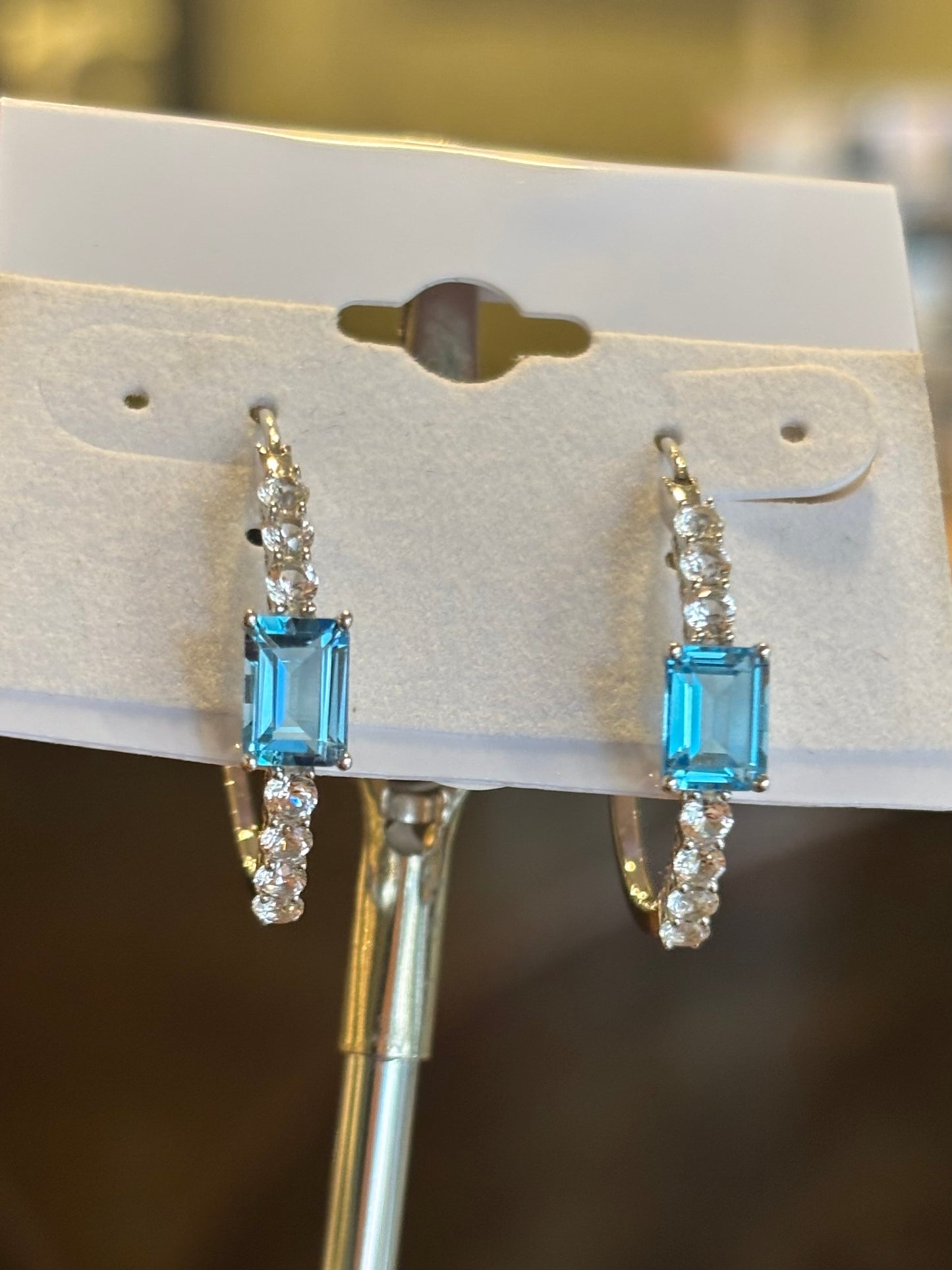 Sterling silver rectangle blue topaz hoop earrings with leverbacks