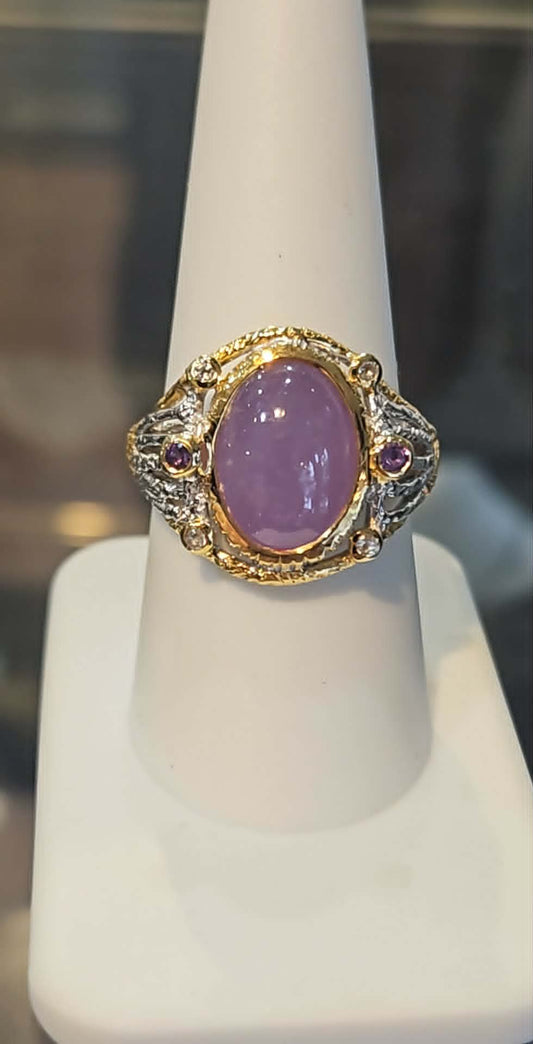 Sterling silver lavender jade ring with gold overlay size 8.5