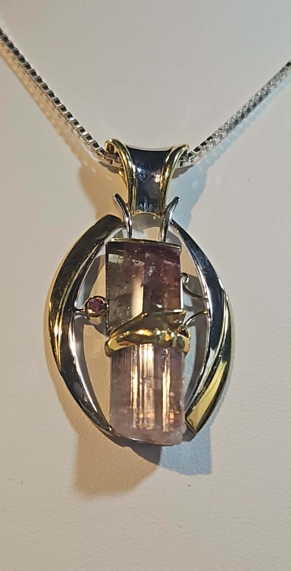 Sterling silver two-toned gold over silver tourmaline pendant with chain