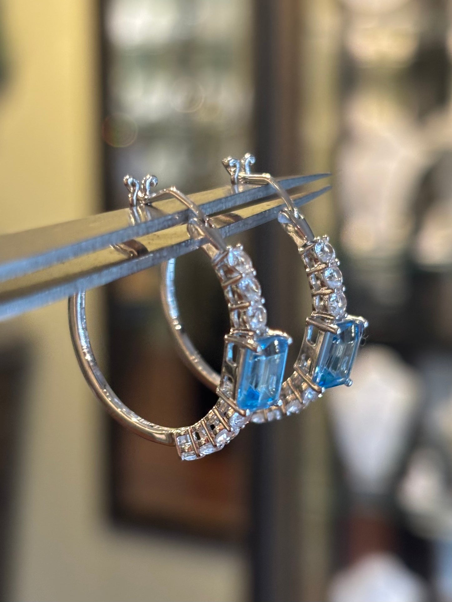 Sterling silver rectangle blue topaz hoop earrings with leverbacks