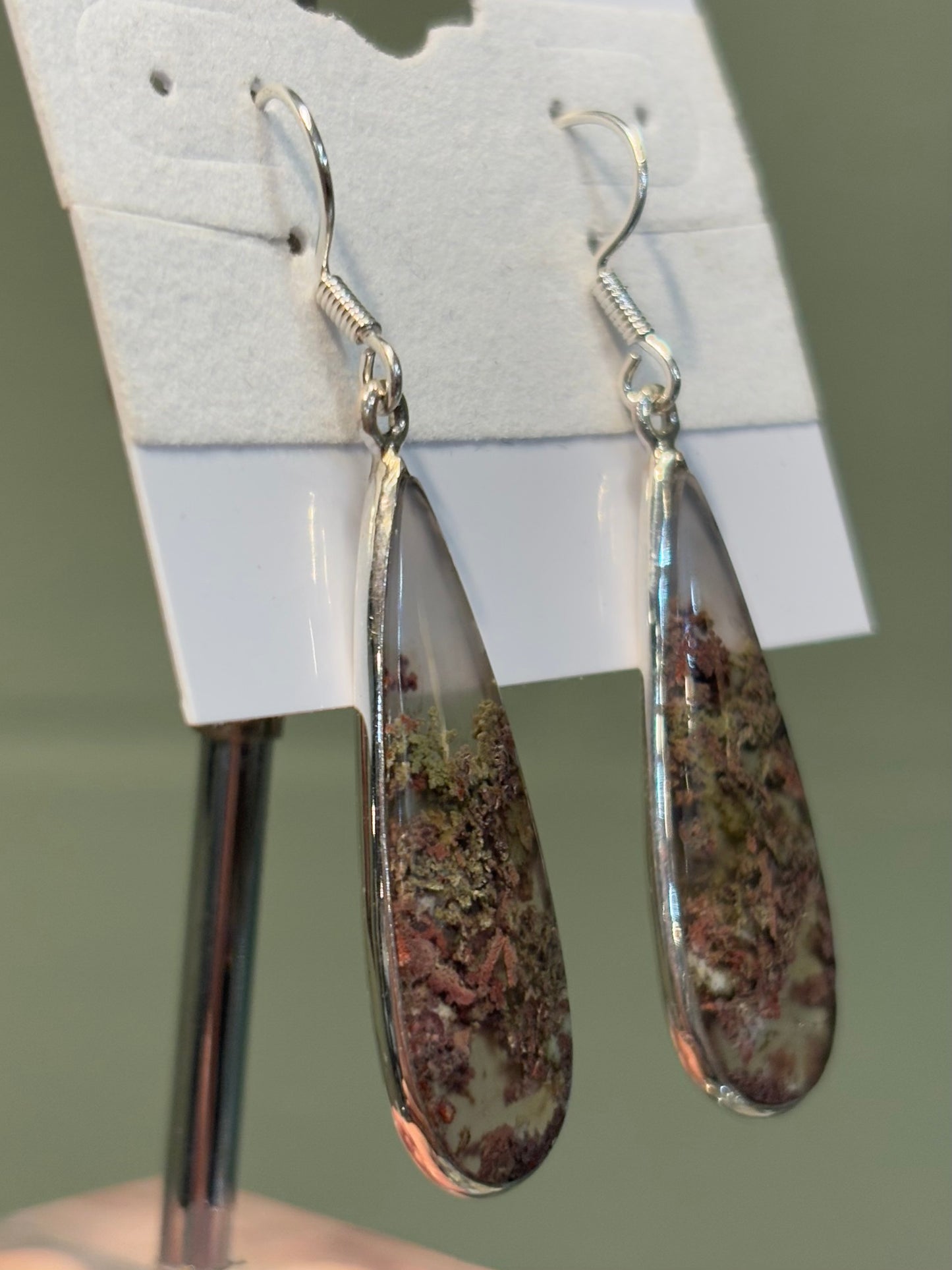 Sterling silver pear-shaped moss agate earrings