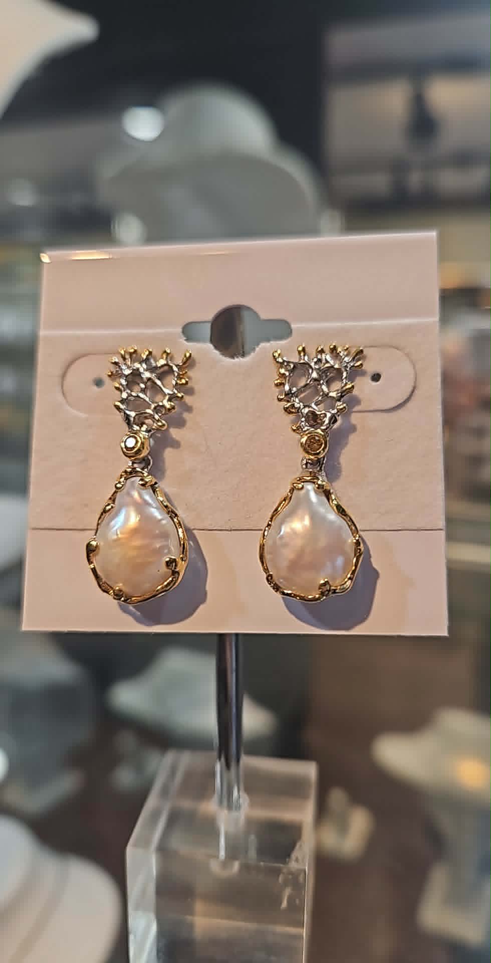 Sterling silver unique baroque pearl earrings with gold overlay