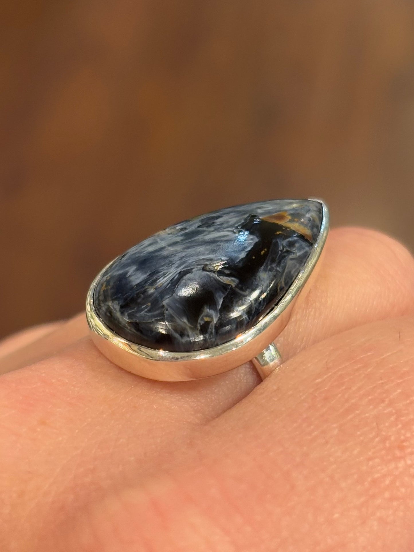 Sterling silver pear shaped pietersite statement ring