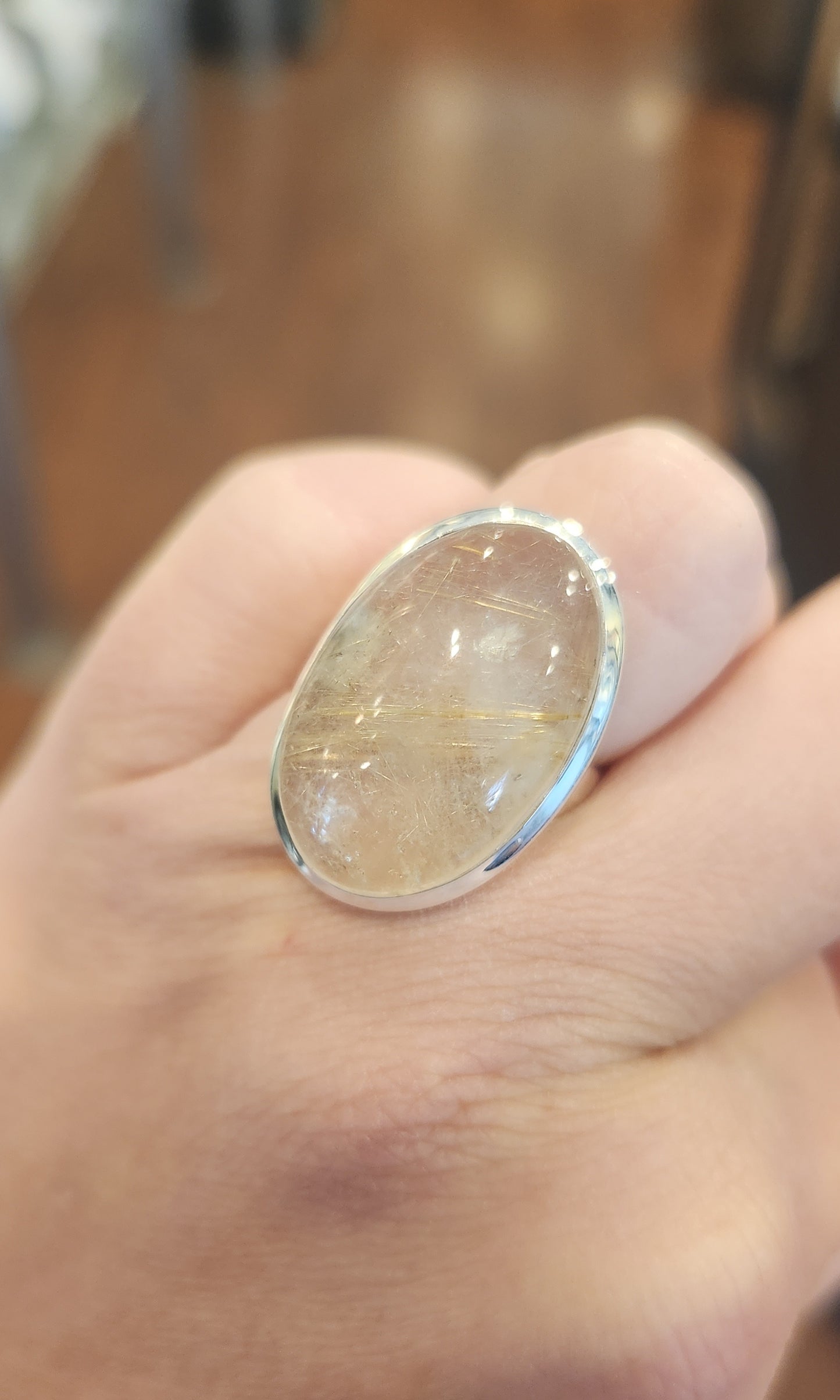 Sterling silver rutilated quartz cabochon ring