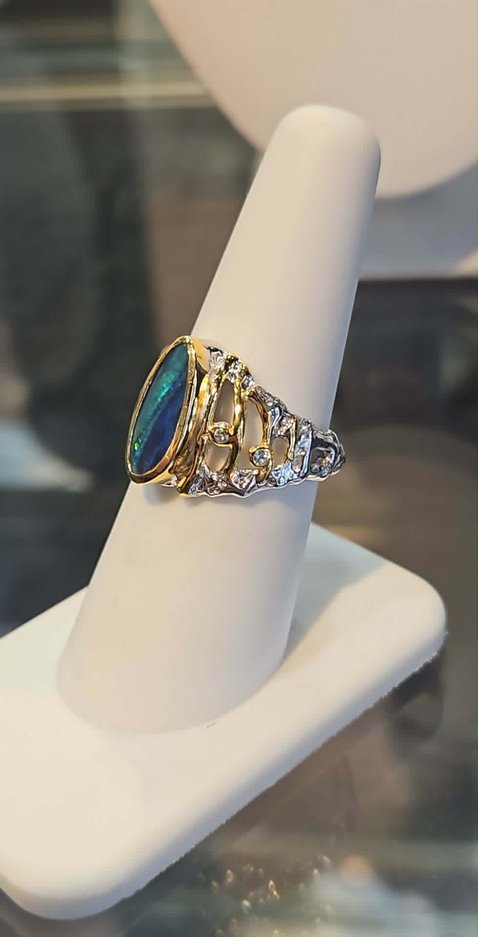 Sterling silver with gold overlay handmade ring with blue Australian opal size 6.5
