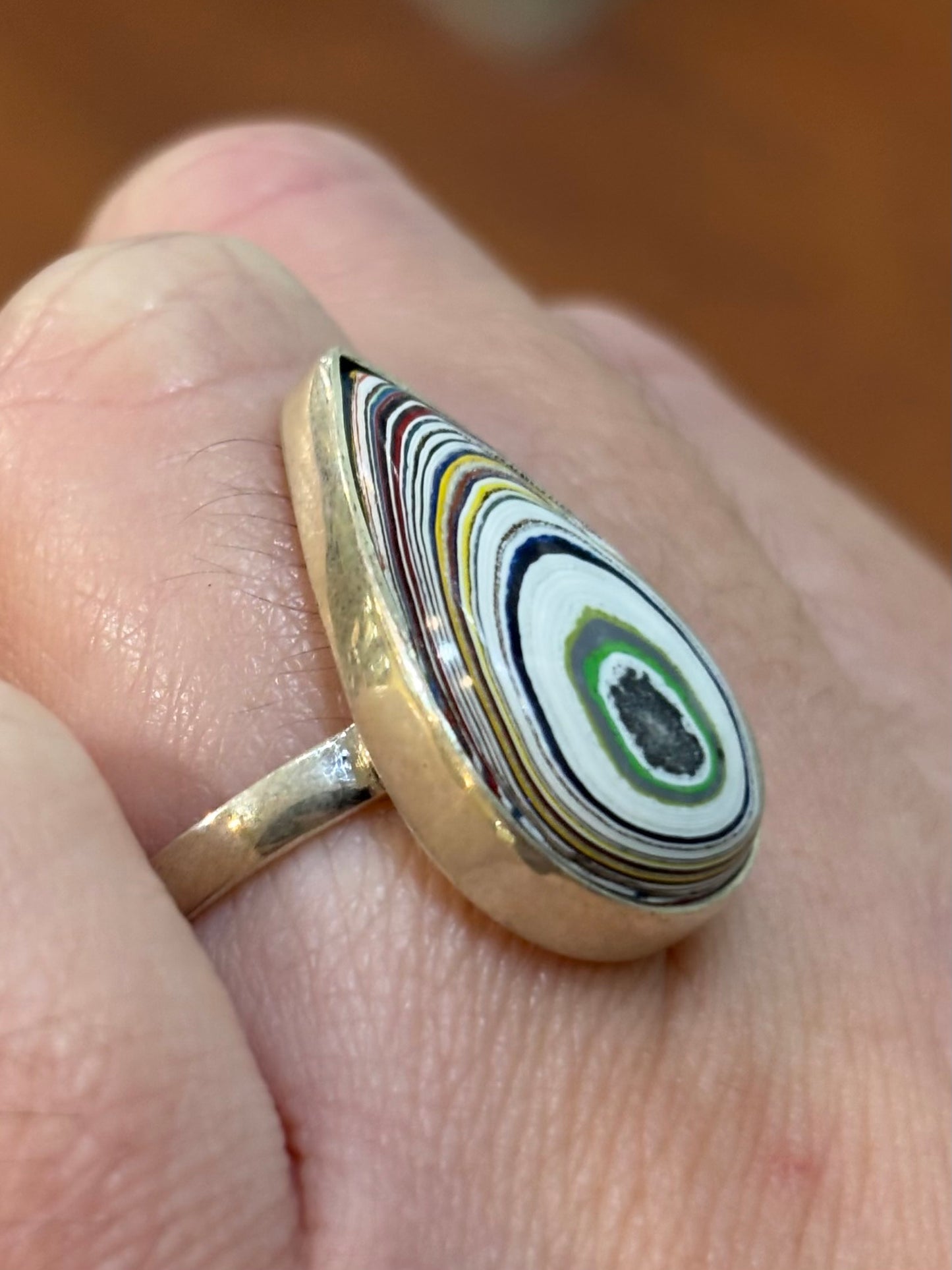 Sterling silver genuine fordite cabochon ring