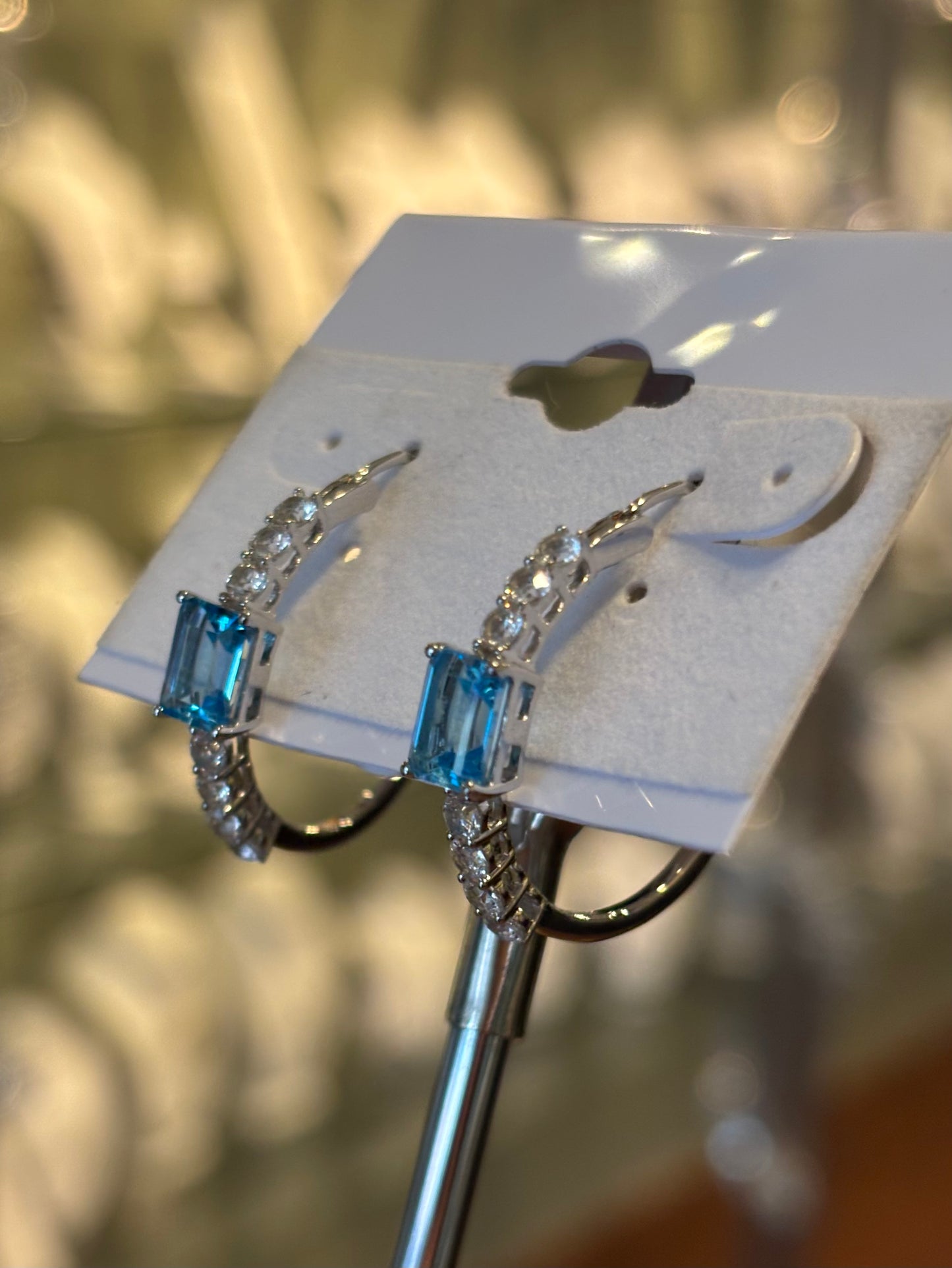 Sterling silver rectangle blue topaz hoop earrings with leverbacks