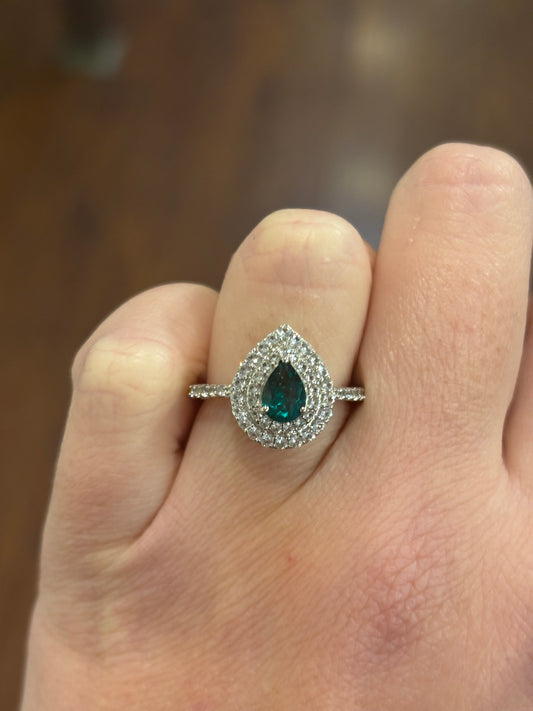 Sterling silver pear-shaped emerald ring