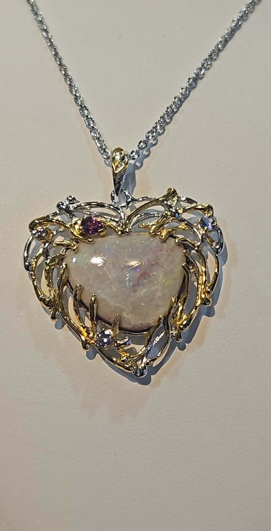 Sterling silver with gold overlay Australian opal heart shaped pendant with chain