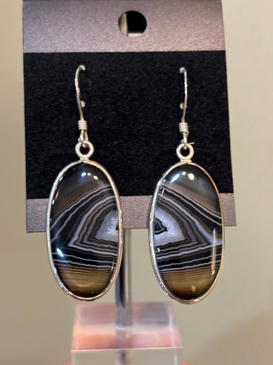 Sterling Silver Oval Shaped Banded Agate Dangle Earrings