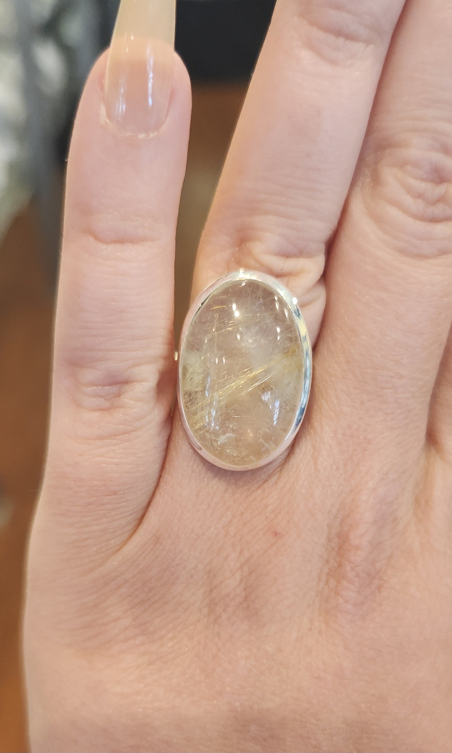 Sterling silver rutilated quartz cabochon ring