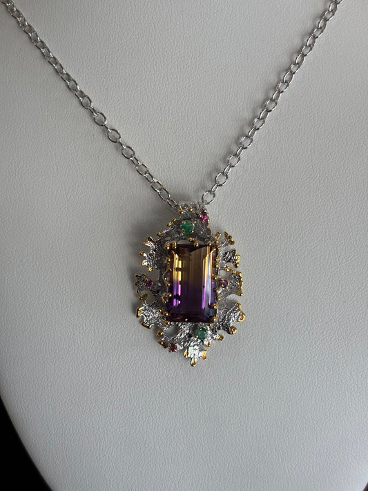 Sterling Silver Ametrine Statement Pendant With Emerald And Rubellite