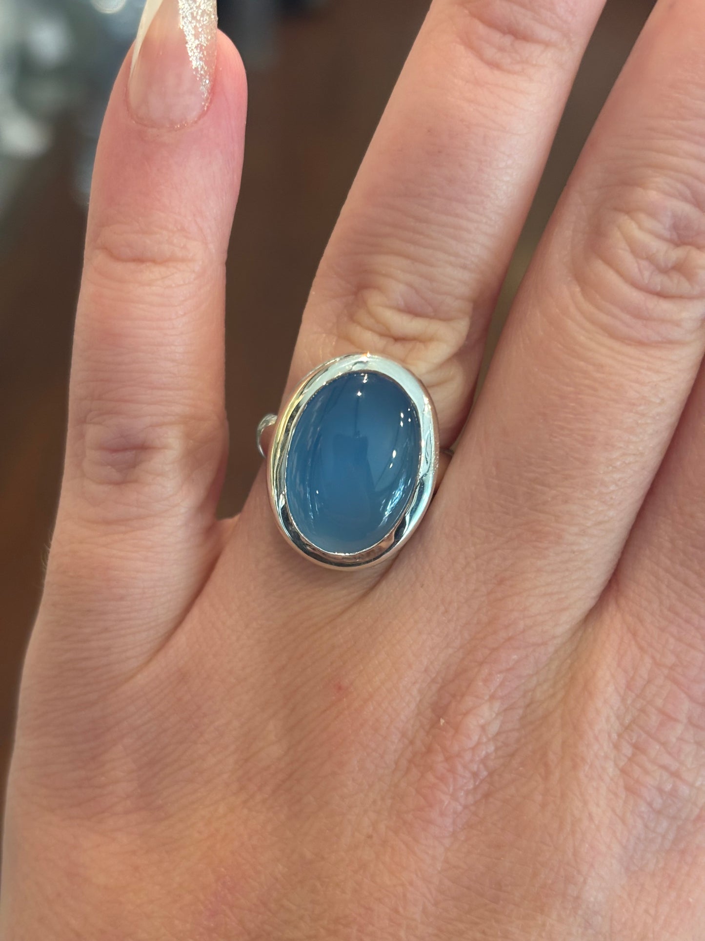 Sterling silver oval blue chalcedony ring