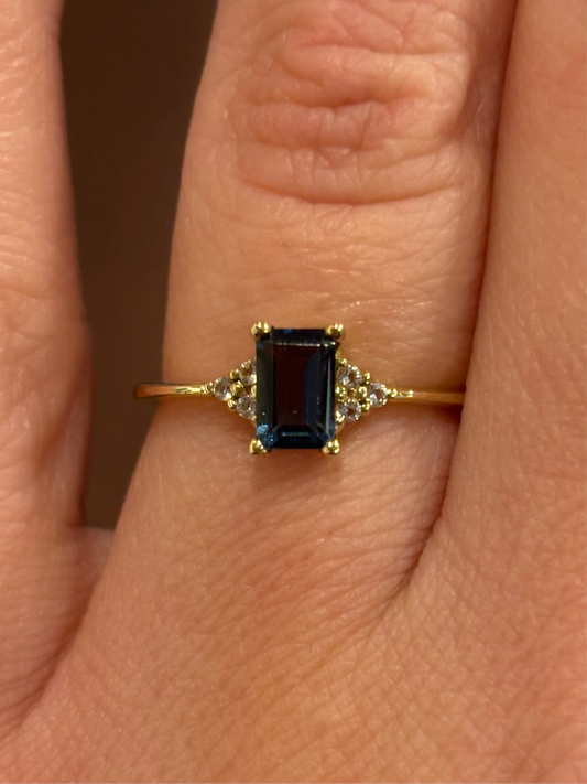 14k gold dainty London blue topaz ring with diamonds