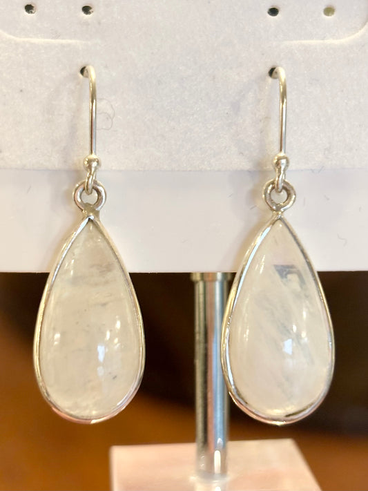 Sterling silver pear-shaped rainbow moonstone dangle earrings