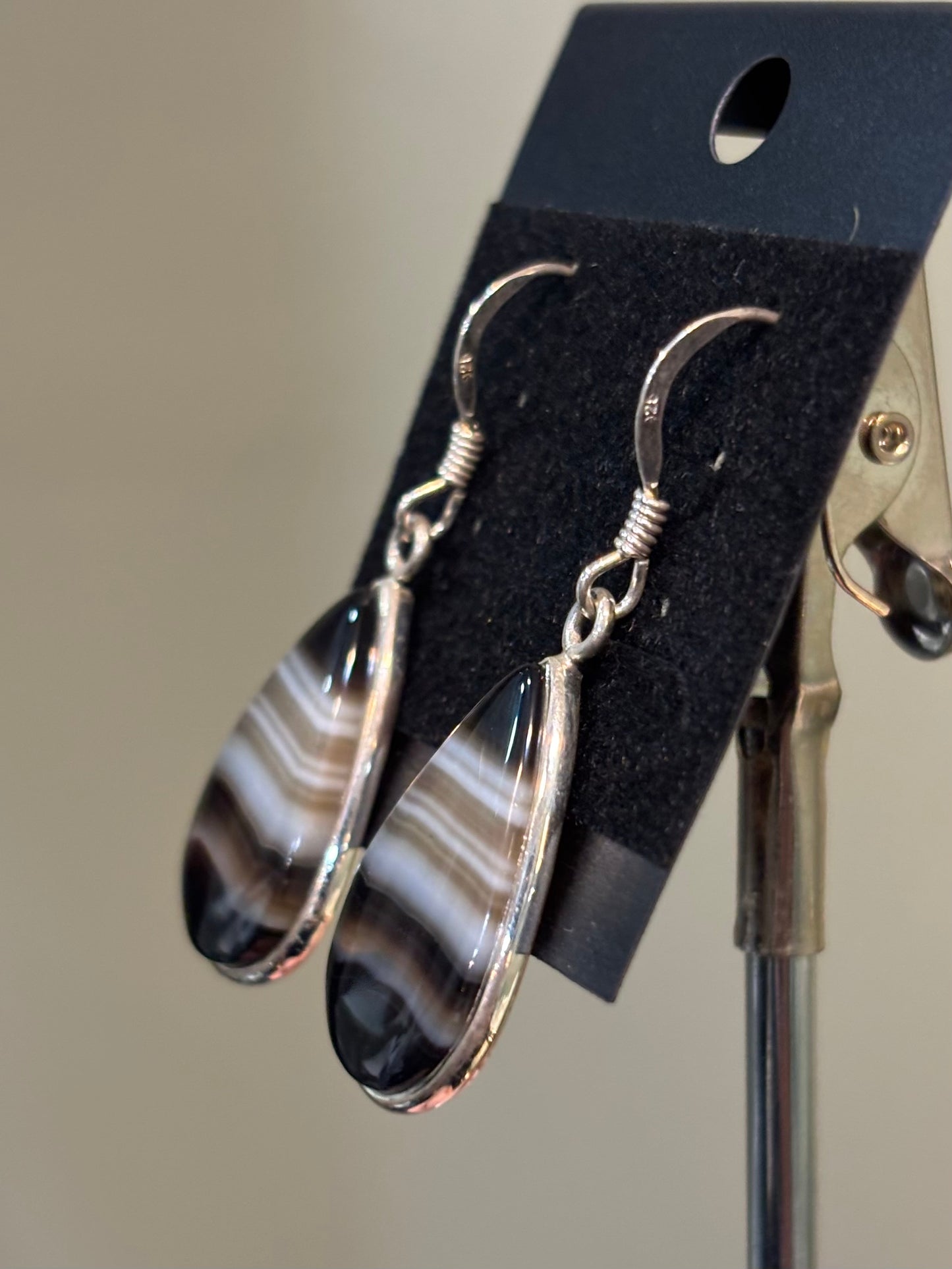 Sterling Silver Pear Shaped Banded Agate Dangle Earrings