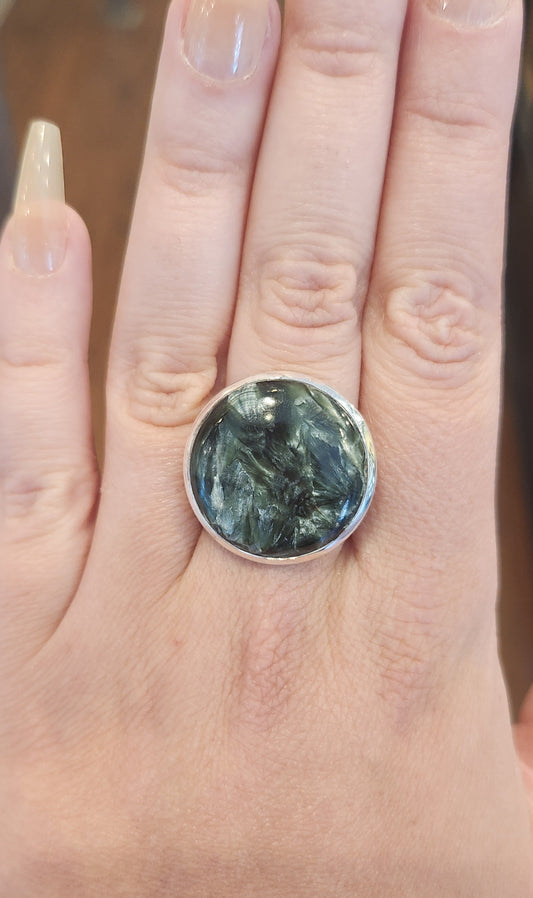 Sterling silver round seraphinite statement ring