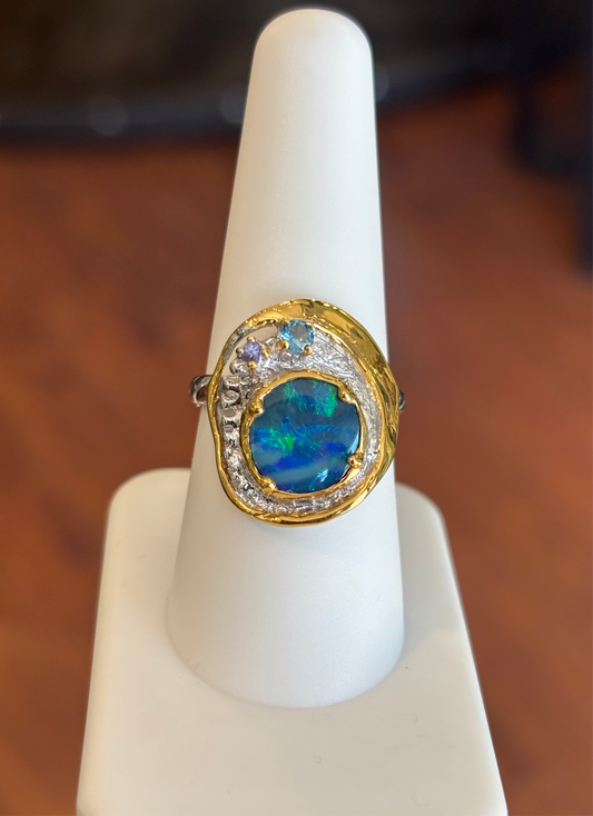 Sterling silver australian opal ring with blue topaz and amethyst