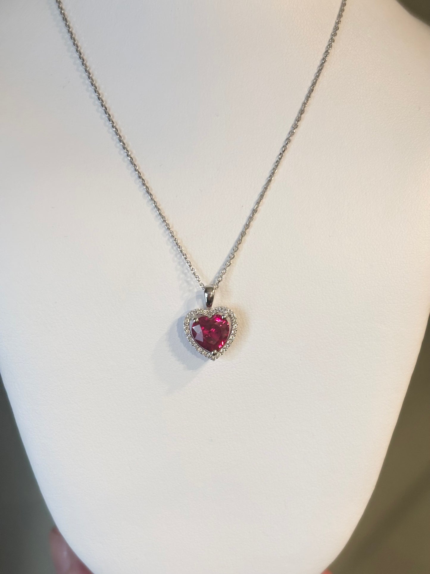 Sterling silver ruby heart halo pendant