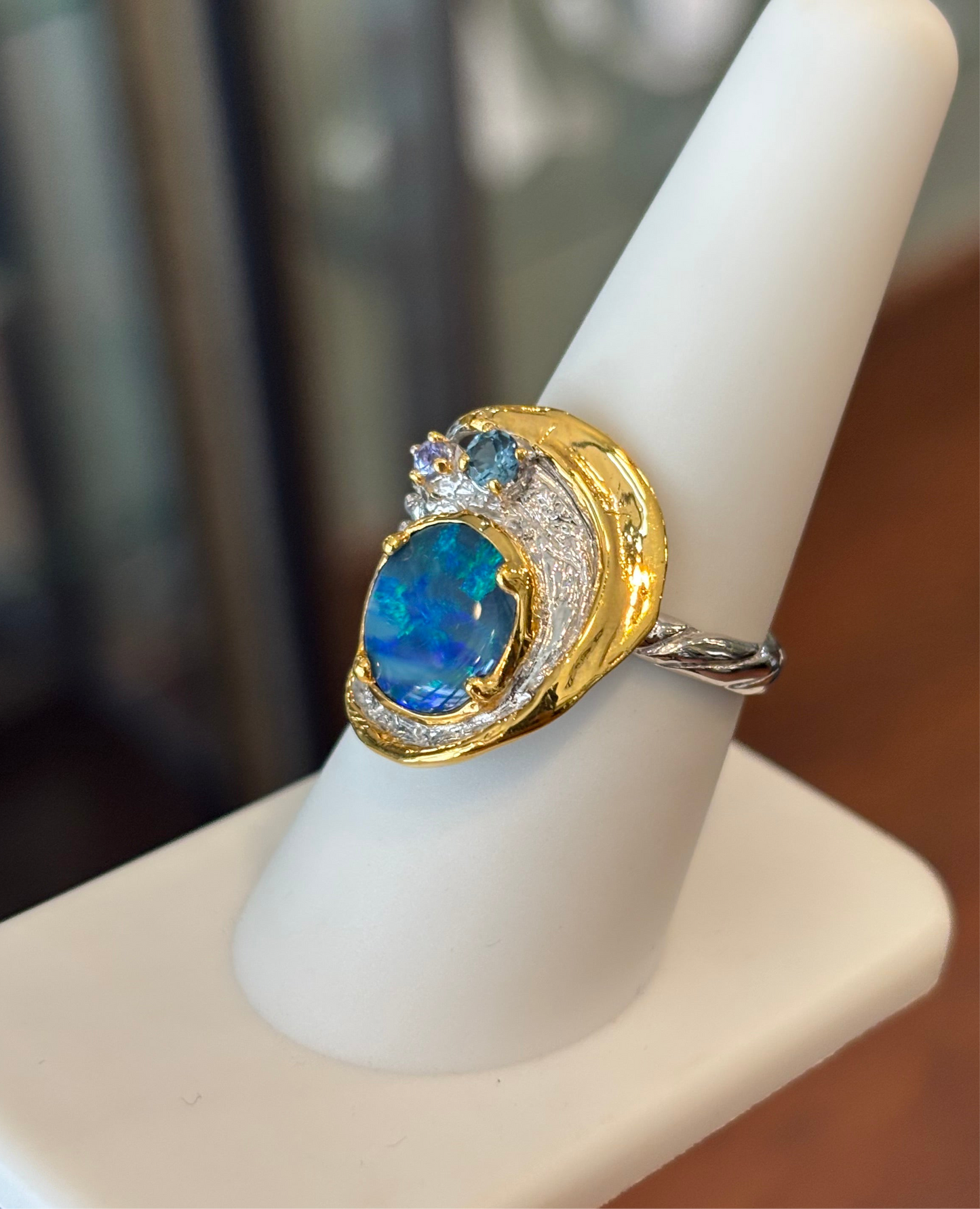 Sterling silver australian opal ring with blue topaz and amethyst