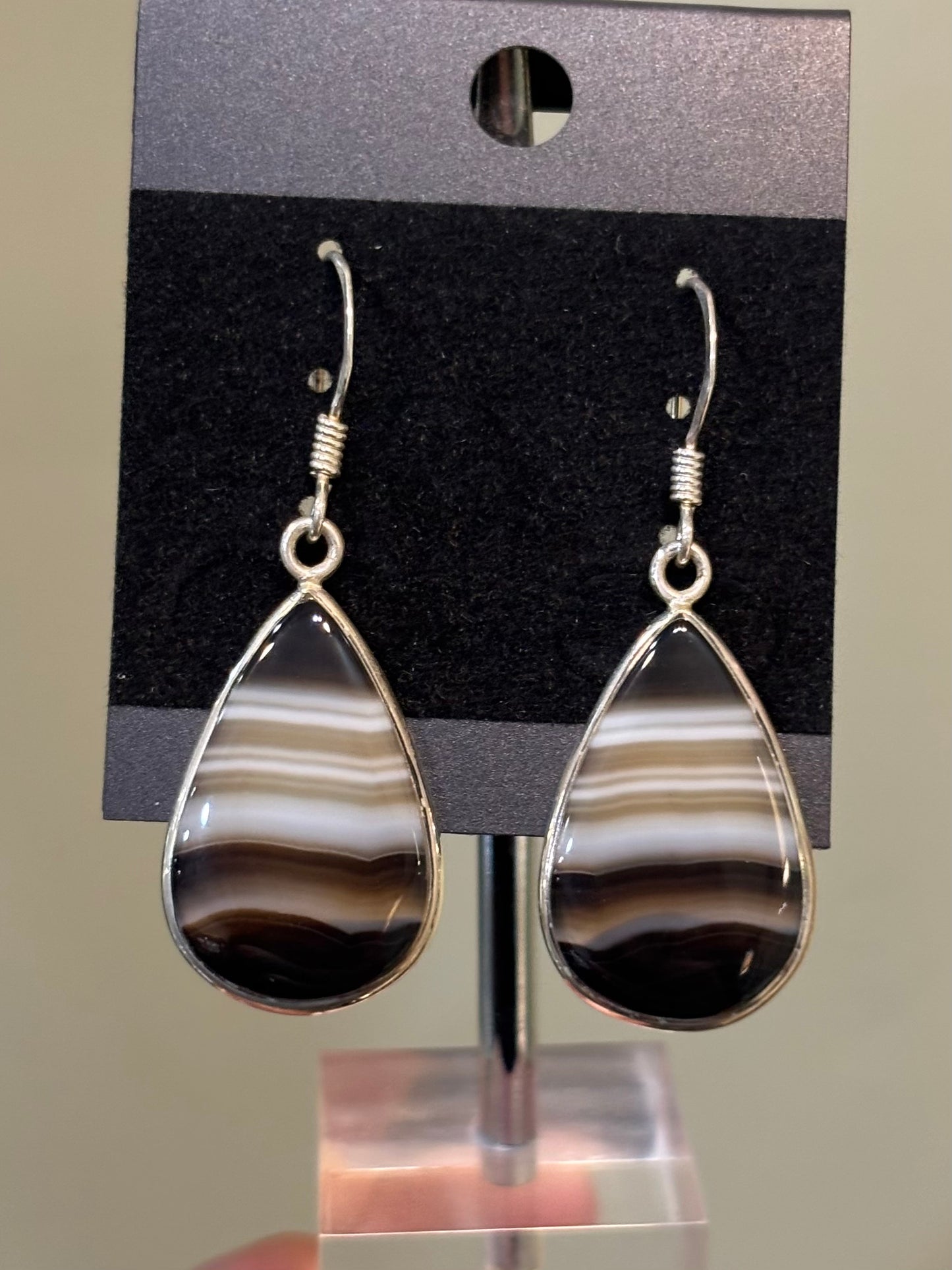 Sterling Silver Pear Shaped Banded Agate Dangle Earrings
