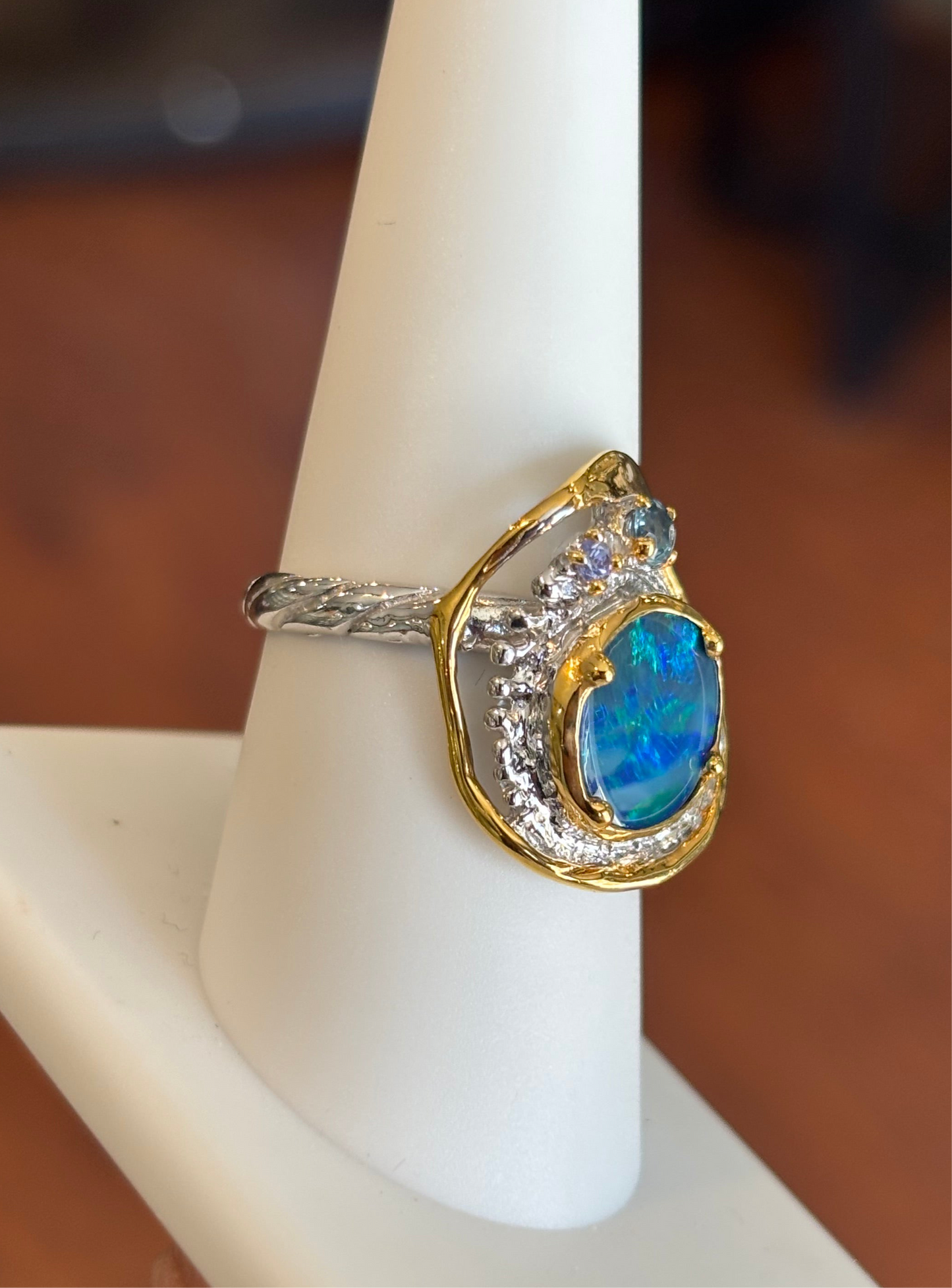 Sterling silver australian opal ring with blue topaz and amethyst