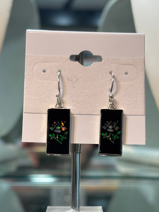 Sterling silver handmade black onyx and opal inlay flower earrings