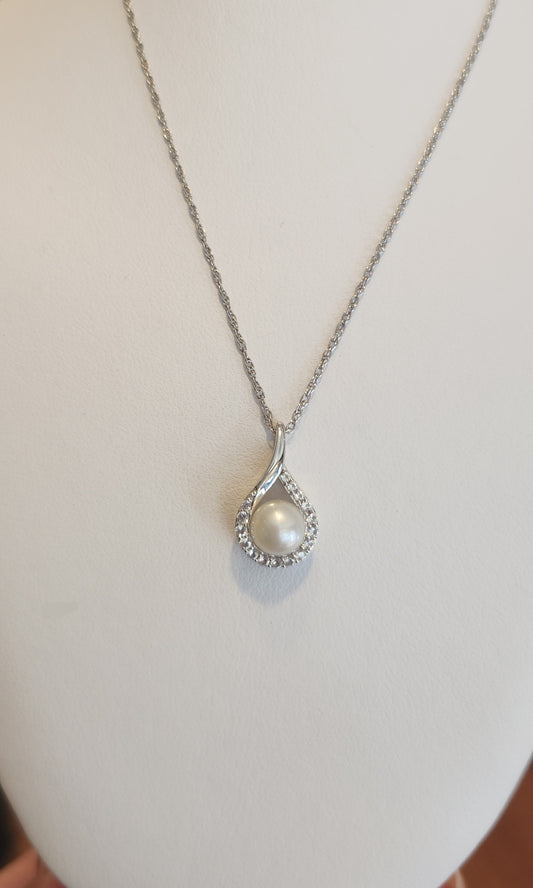 Sterling silver pearl and white sapphire pendant