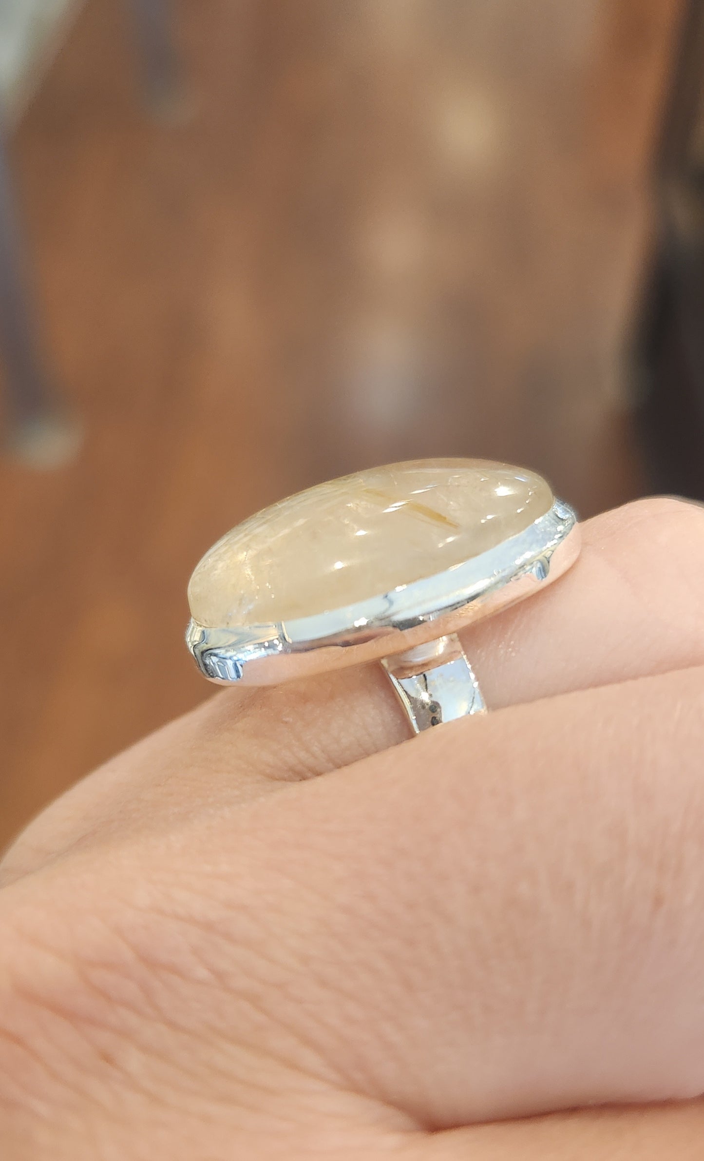 Sterling silver rutilated quartz cabochon ring