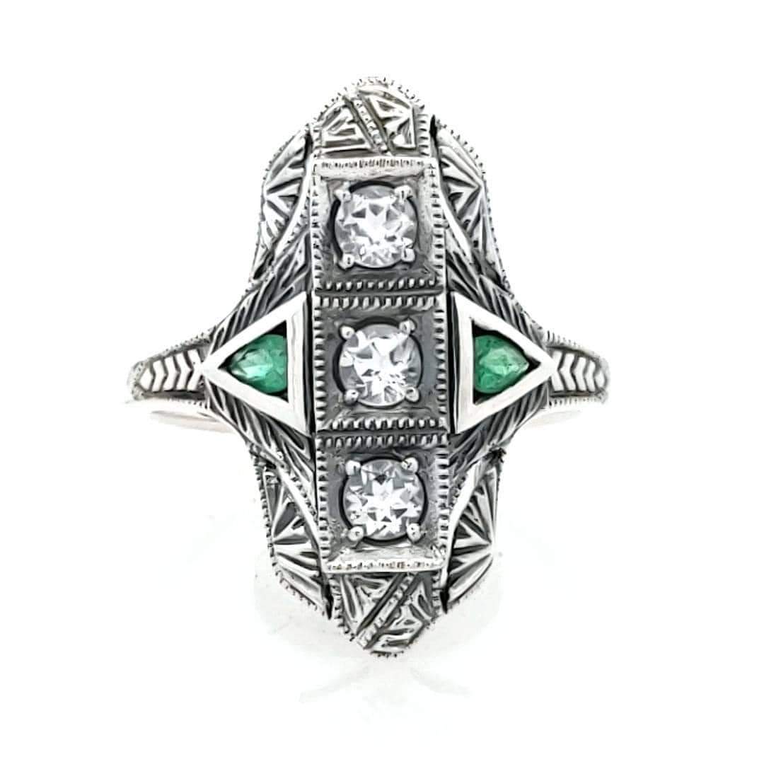 Sterling silver emerald & white topaz Art Deco style filigree ring