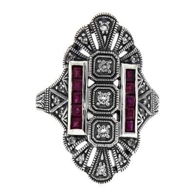 Sterling silver Art Deco style ring with ruby and white topaz