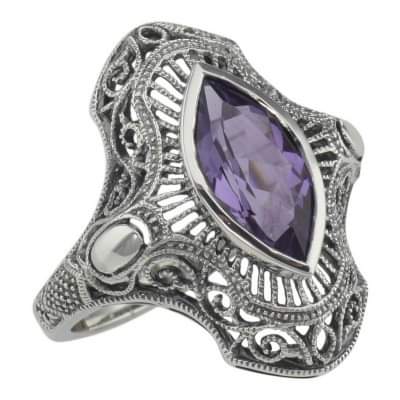 Sterling silver marquis amethyst filigree ring