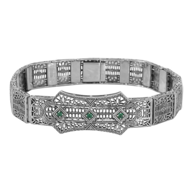 Sterling silver emerald filigree Art Deco style bracelet