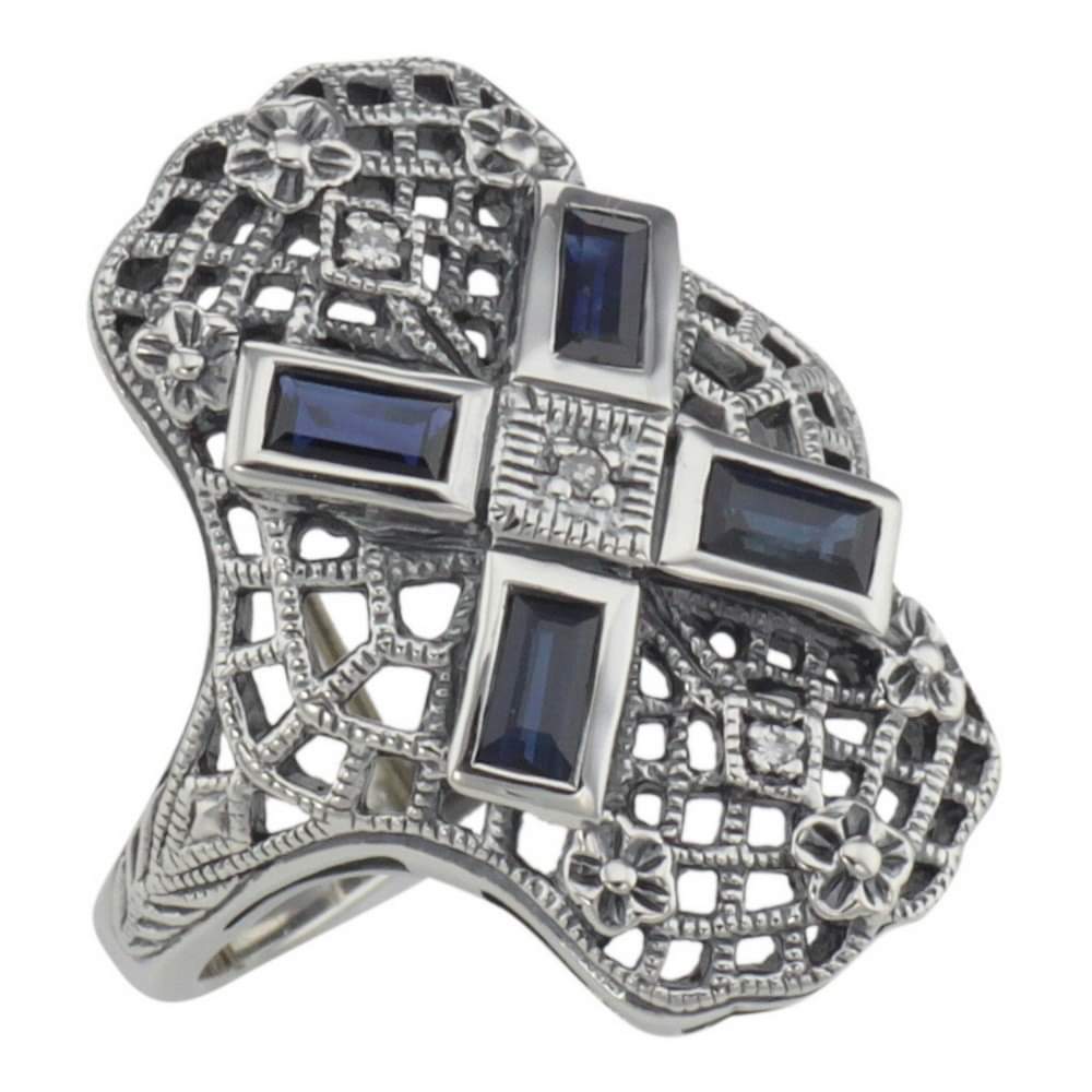 Sterling silver sapphire ring with filigree and diamonds