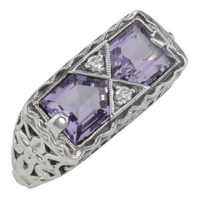 Sterling silver two-stone amethyst Art Deco style ring