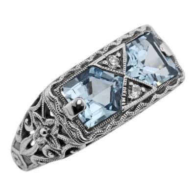 Sterling silver two-stone blue topaz Art Deco style ring