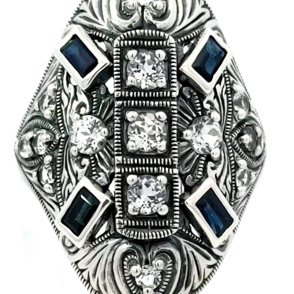 Sterling silver sapphire with period-cut white topaz