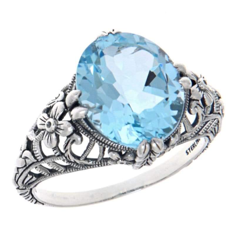 Sterling silver blue topaz Victorian style ring