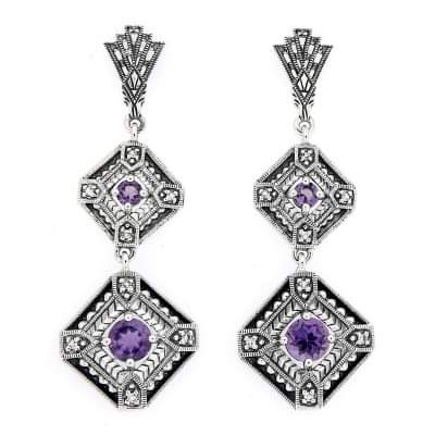 Sterling silver vintage style amethyst dangle earrings