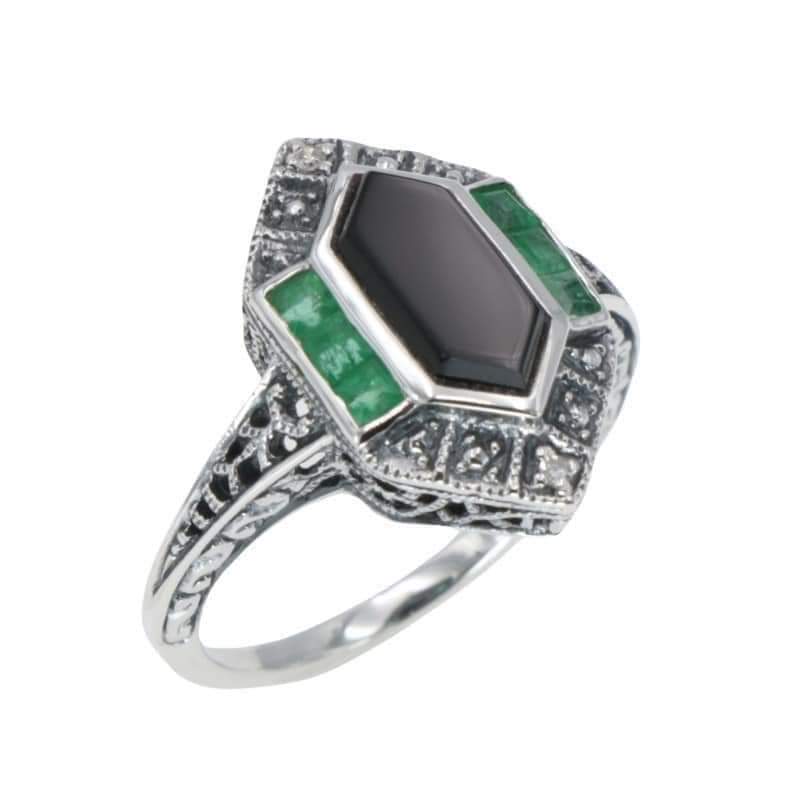 Sterling silver onyx and emerald vintage style ring