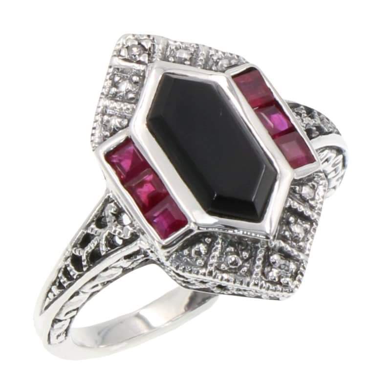 Sterling silver onyx and ruby vintage style ring