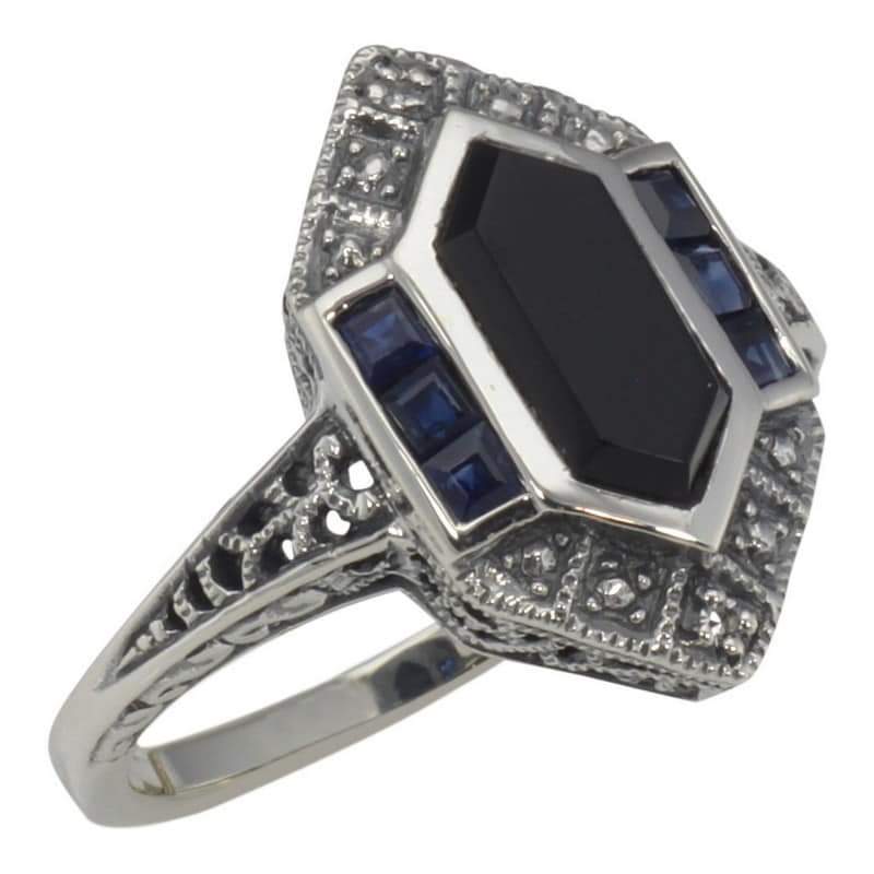 Sterling silver onyx and sapphire vintage style ring