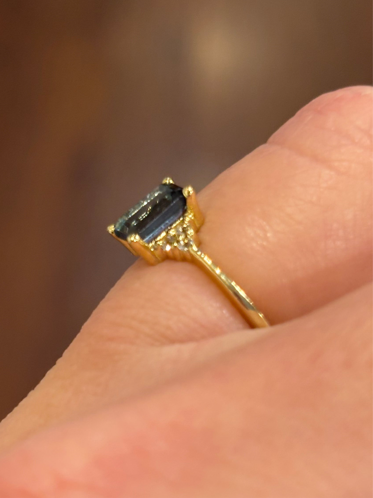 14k gold dainty London blue topaz ring with diamonds