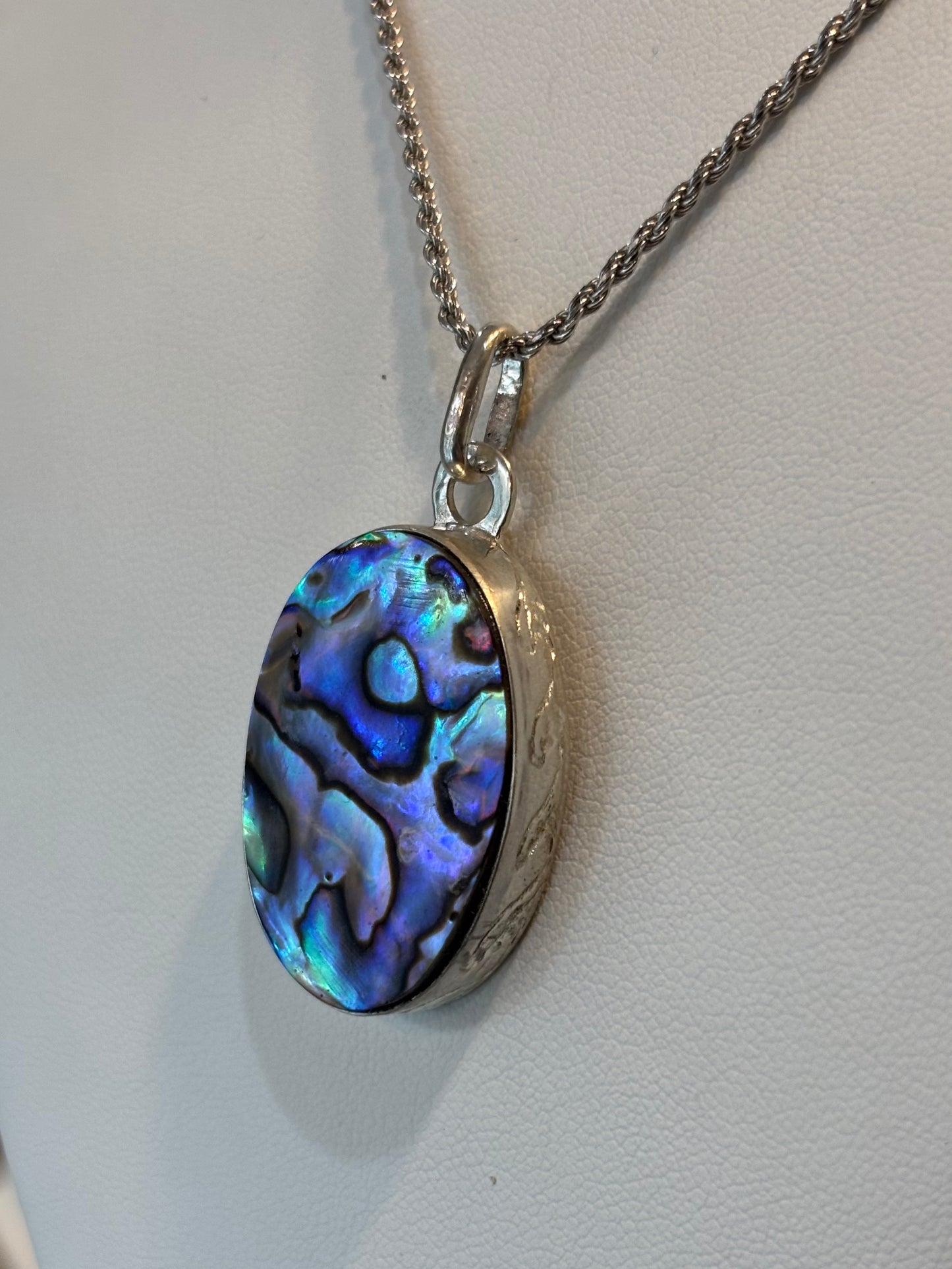 Sterling Silver Handmade Oval Abalone Pendant With Turtle And Waves Engraving