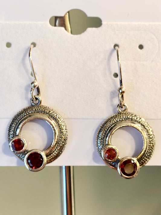 Sterling silver round textured double garnet dangle earrings