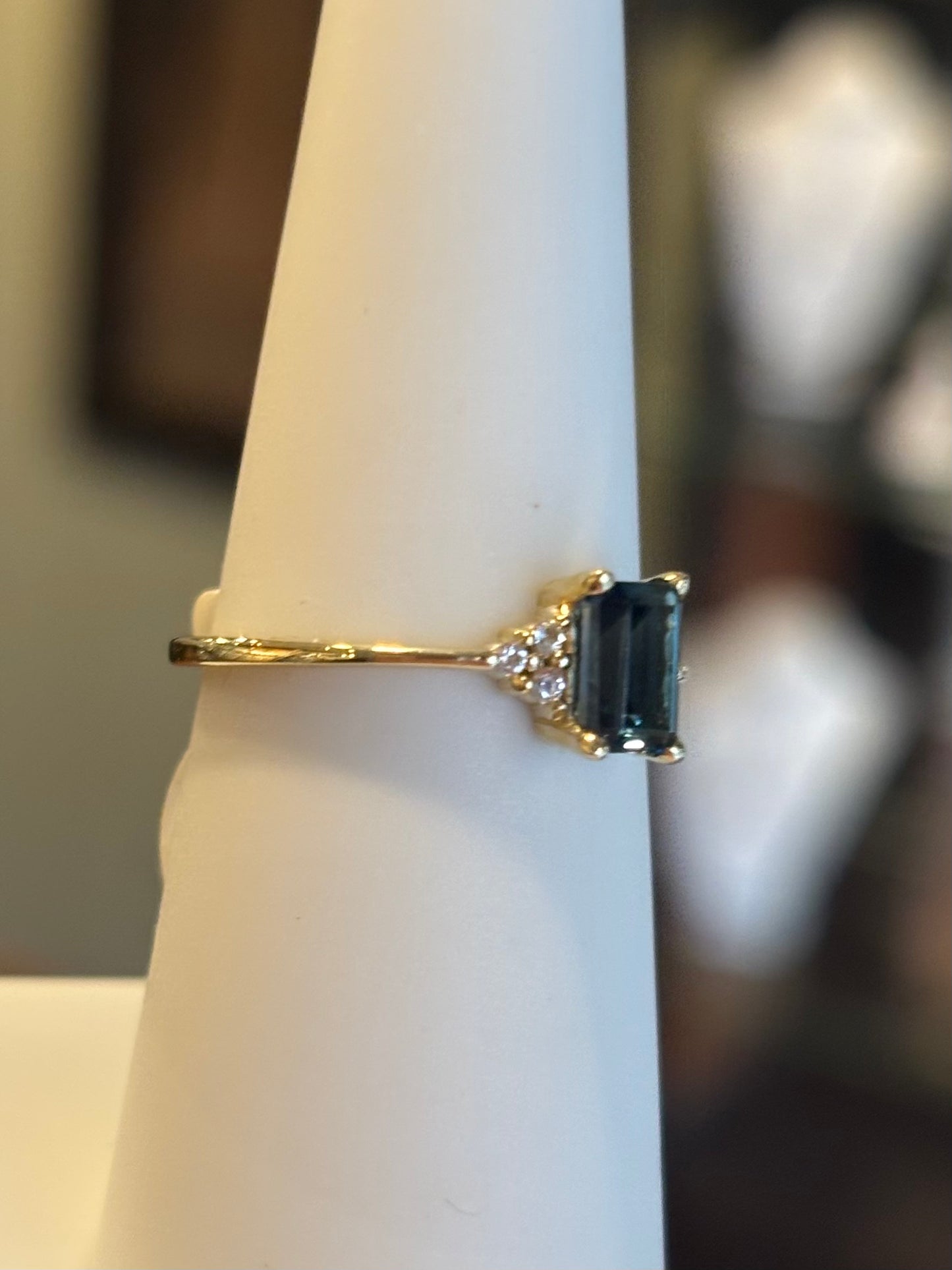 14k gold dainty London blue topaz ring with diamonds