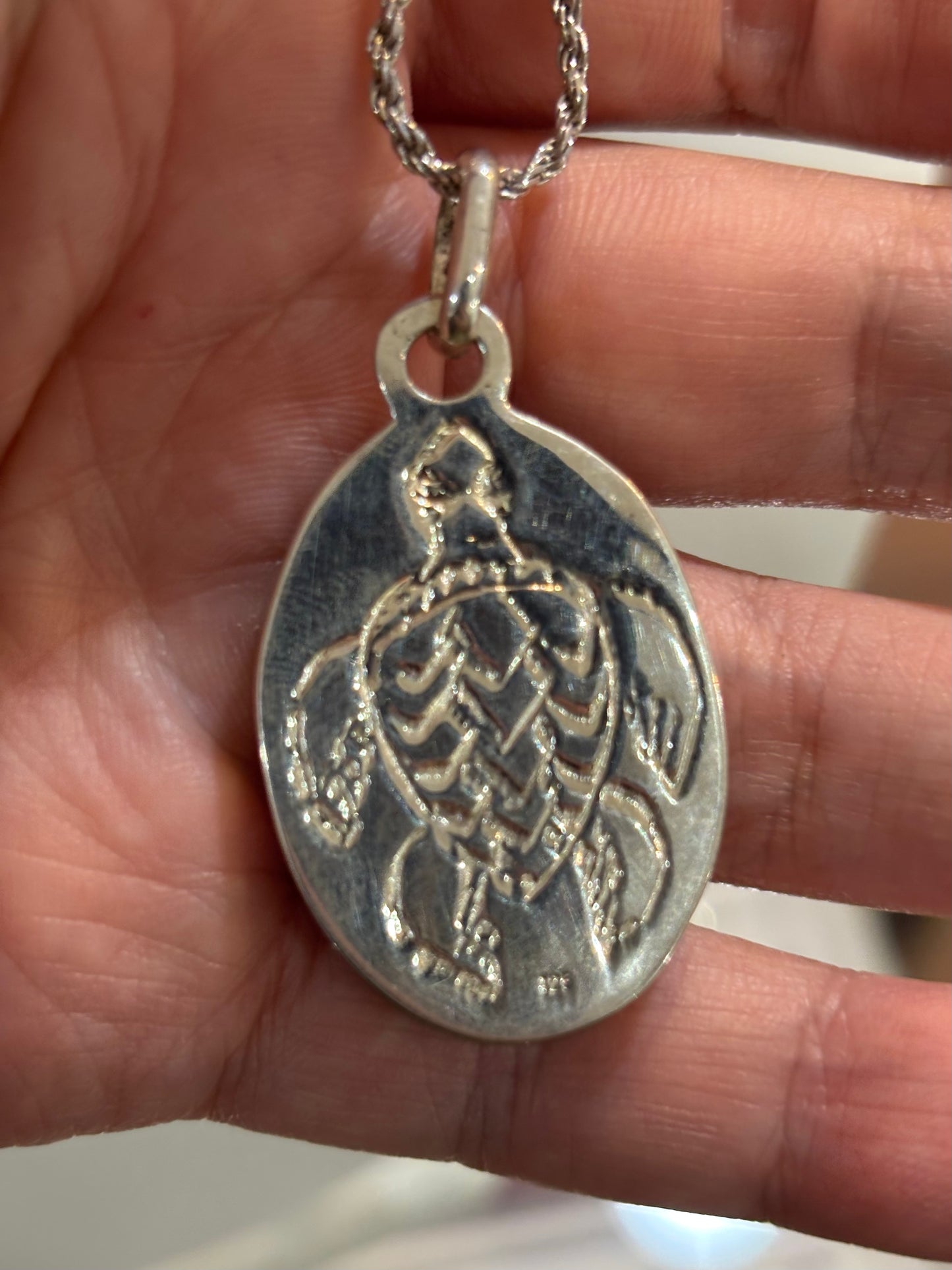 Sterling Silver Handmade Oval Abalone Pendant With Turtle And Waves Engraving