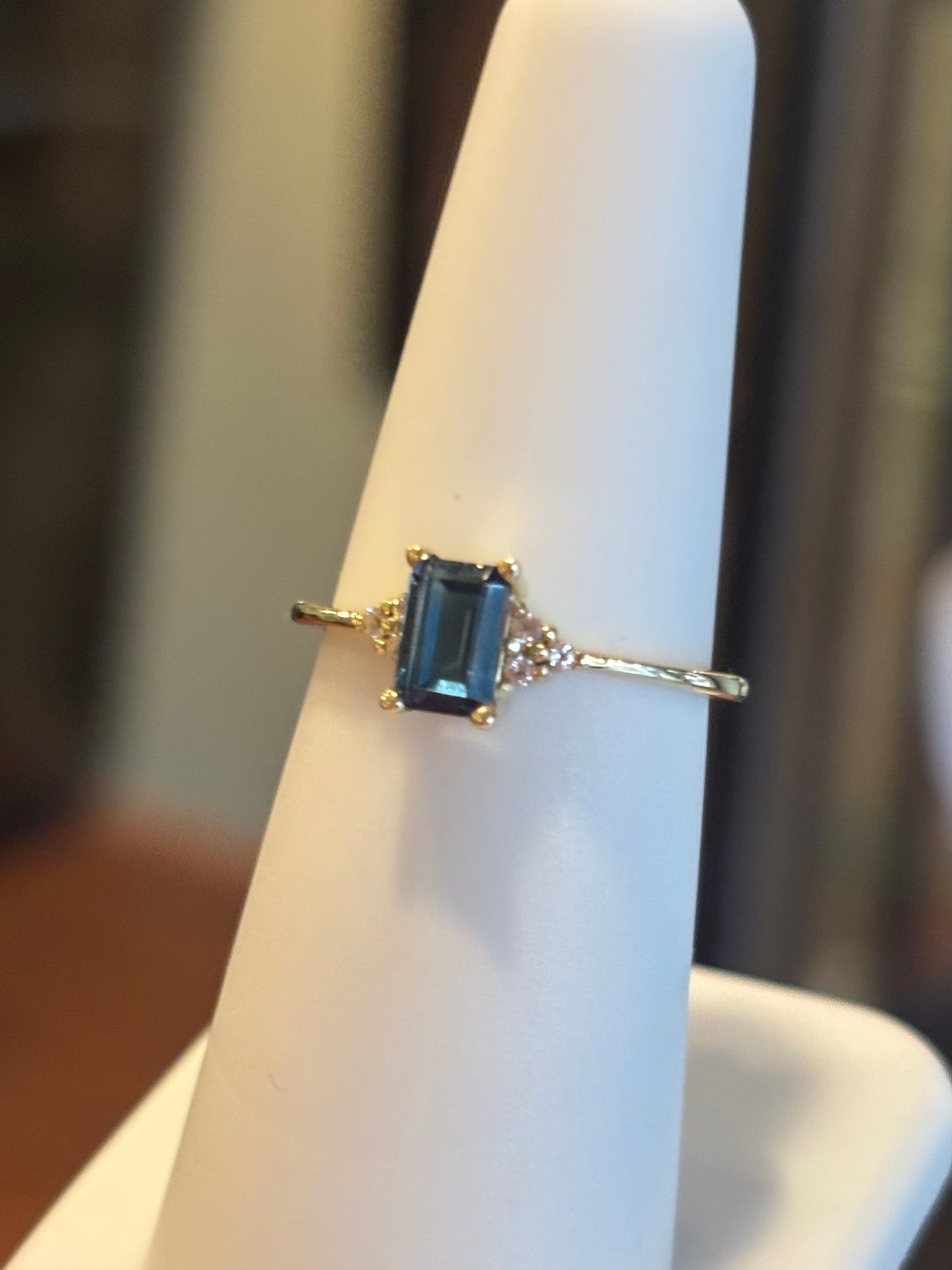 14k gold dainty London blue topaz ring with diamonds