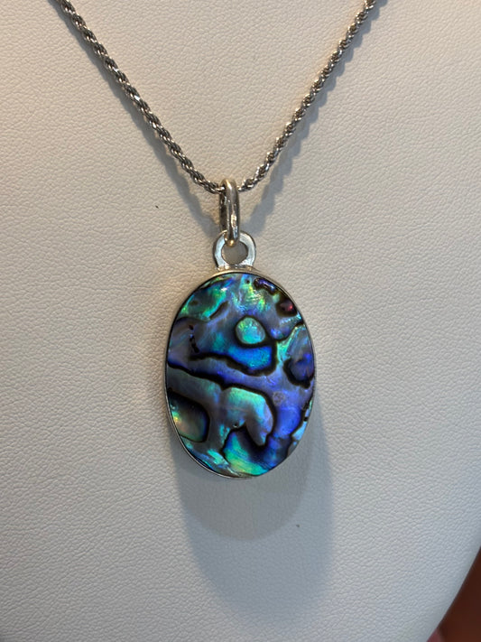 Sterling Silver Handmade Oval Abalone Pendant With Turtle And Waves Engraving